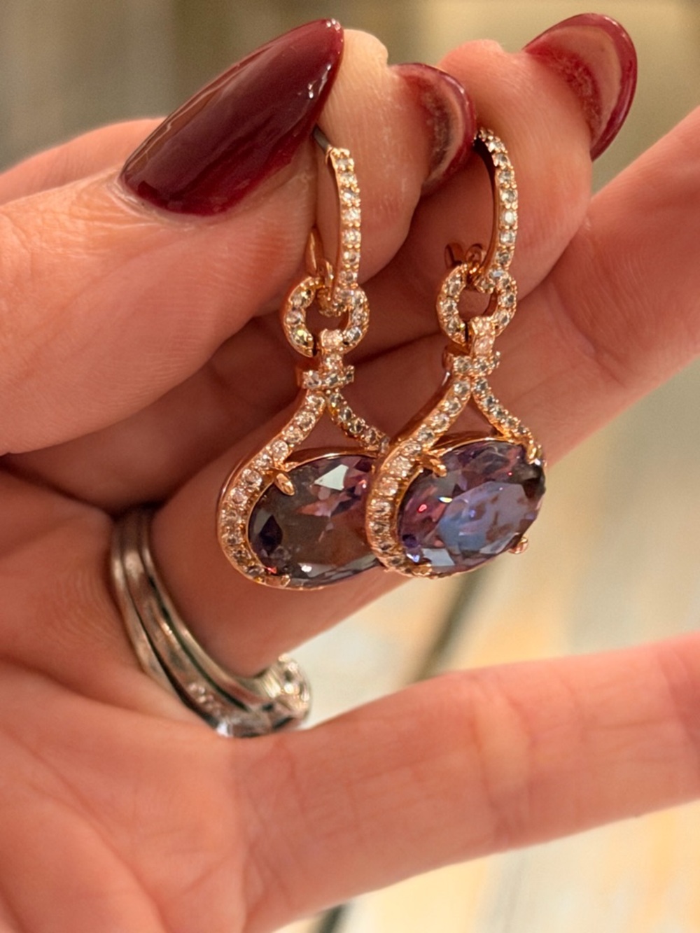 Bomb Party NWOT! Rose Gold Drop Earrings with Purple Stones - Picture 5 of 6